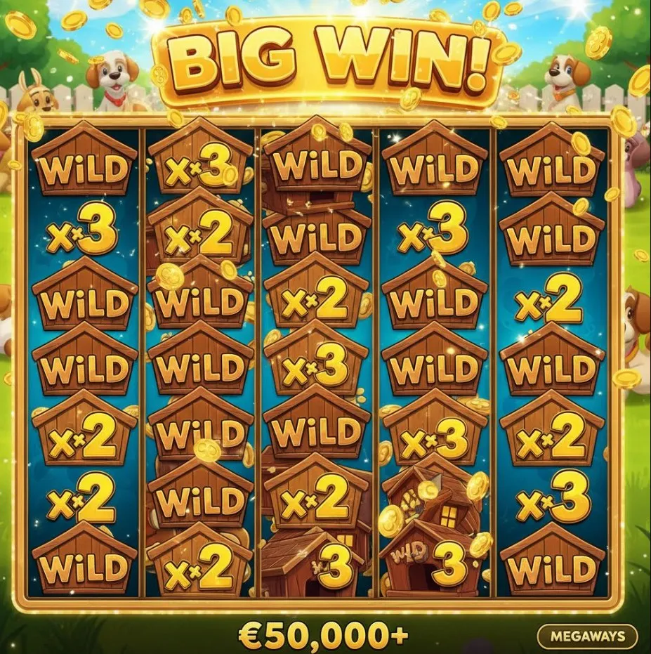 A visual representation of the Free Spins feature in The Dog House Megaways, specifically showing sticky wild symbols with multipliers locked in place on the reels, surrounded by excited dogs.