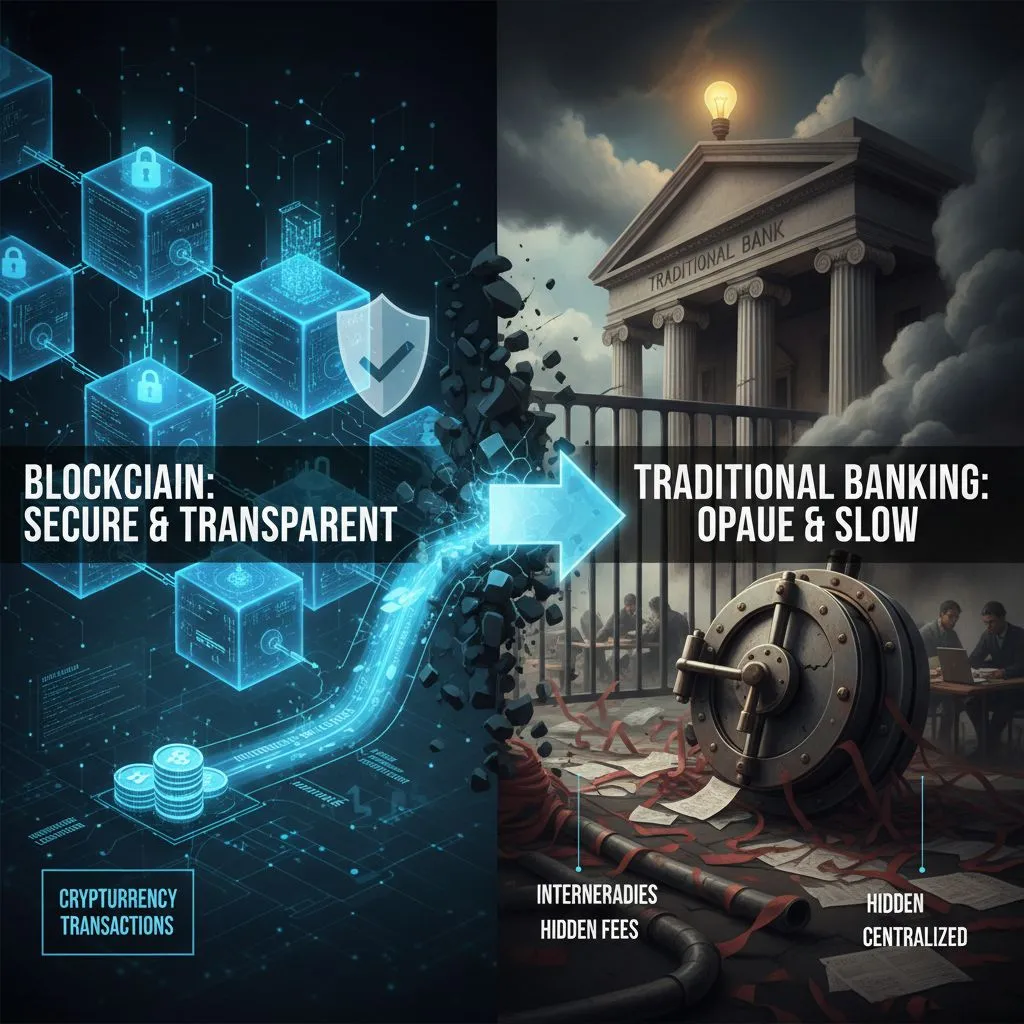 Depiction of blockchain technology providing enhanced security and transparency for crypto transactions, contrasting with traditional banking systems.