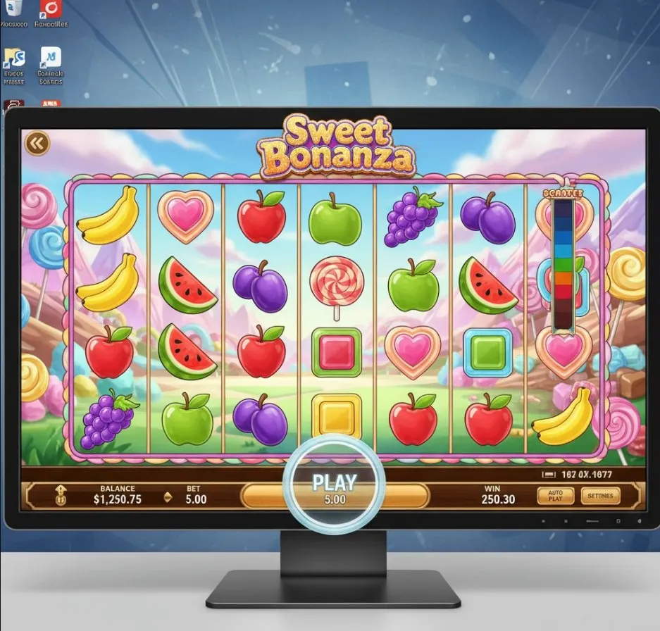 A high-resolution screenshot of Sweet Bonanza running on a desktop computer, showcasing vibrant graphics, detailed symbols, and a clean interface, suggesting an immersive experience.