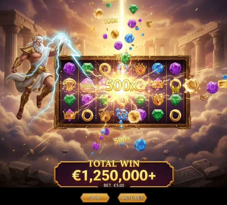 An image showing a player making betting decisions on a Gates of Olympus game interface, with visual cues like a small bet size, a bankroll meter, and a thought bubble about patience, emphasizing strategic play for a volatile slot.