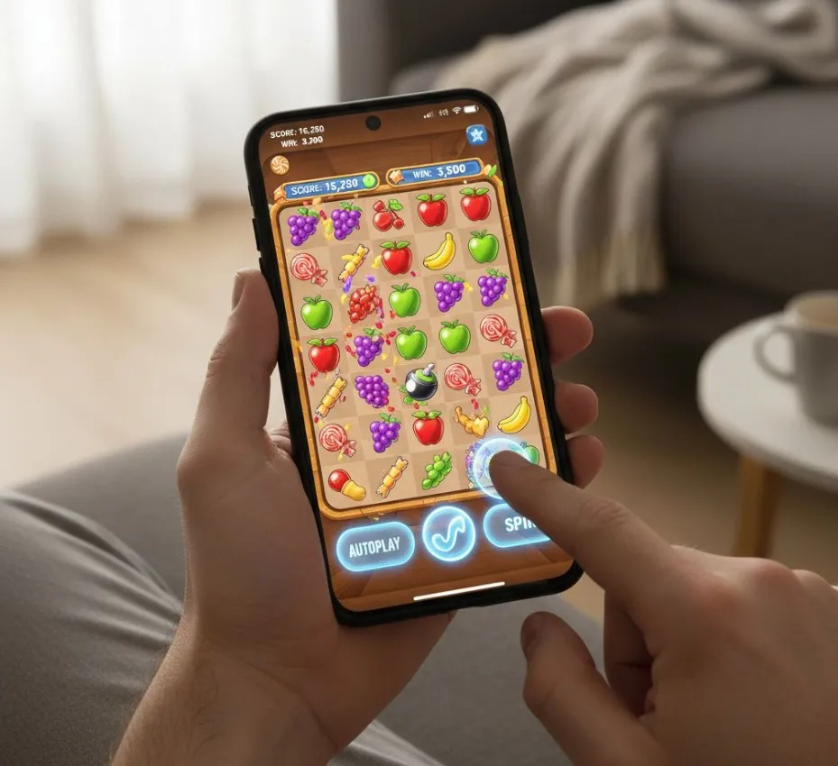 A hand holding a smartphone displaying Sweet Bonanza gameplay, emphasizing the touch-optimized interface and the convenience of mobile gaming in a casual setting (e.g., on a couch or during commute).