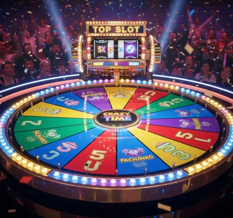 Close-up of the Crazy Time main money wheel with its 54 segments, clearly showing number payouts (1, 2, 5, 10) and the four bonus game sections, with the Top Slot above it.
