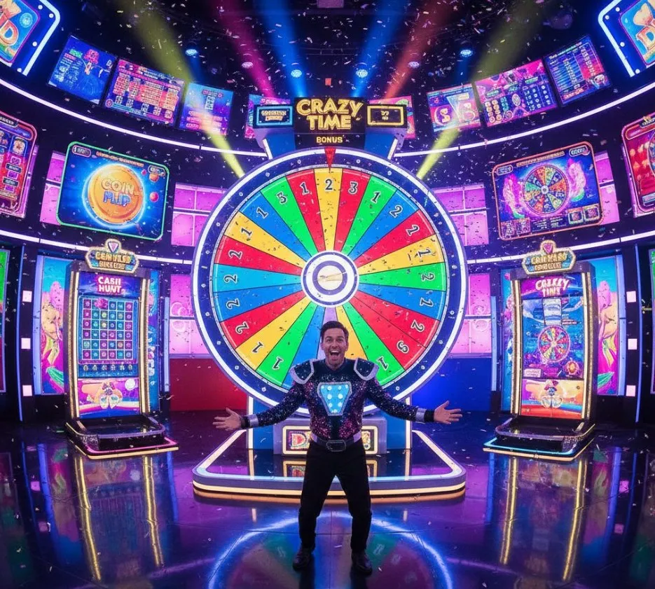 A collage or dynamic scene depicting elements from the four Crazy Time bonus rounds: Cash Hunt targets, the Pachinko wall with pucks, the Coin Flip, and the massive wheel from the Crazy Time bonus game, emphasizing excitement and multipliers.
