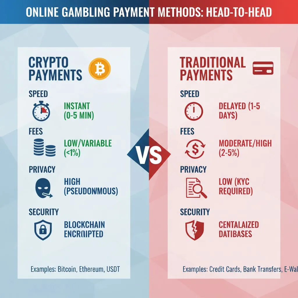 Infographic detailing the head-to-head comparison of crypto versus traditional payment methods in online gambling, focusing on speed, fees, privacy, and security.